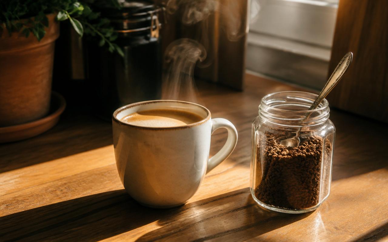Cup of instant coffee next to a jar of coffee granules