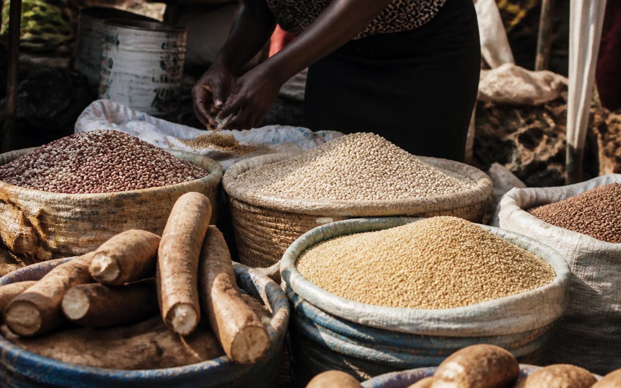 African market stall with grains and cassava