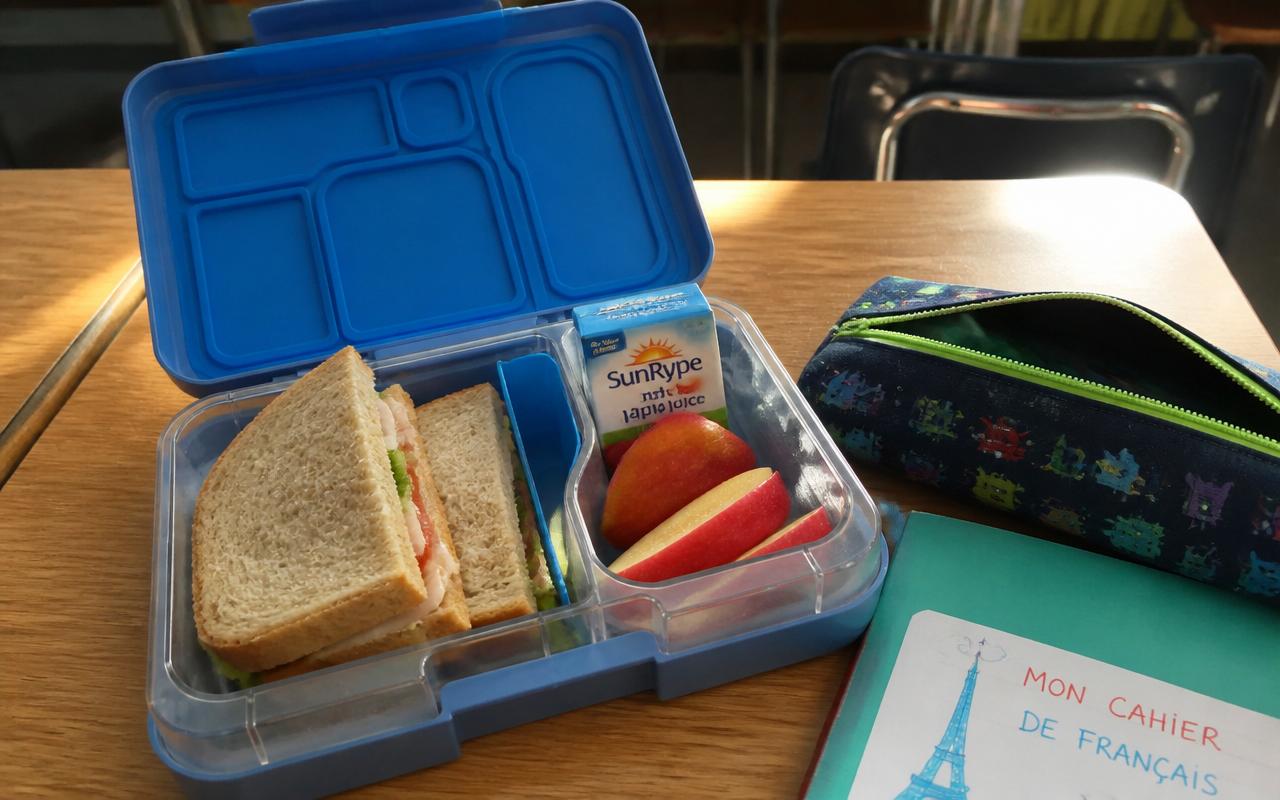 Child's open lunchbox on a school desk