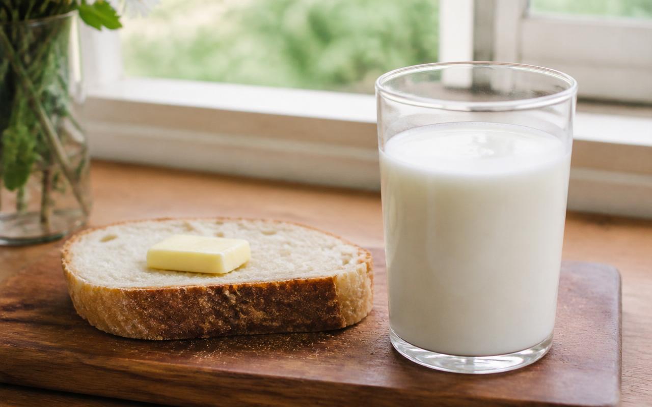 Glass of milk beside a slice of buttered bread