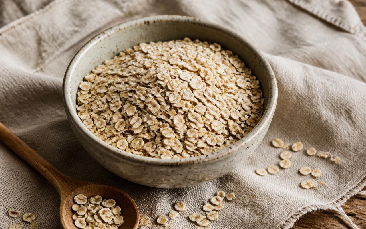 Rolled oats in a rustic ceramic bowl