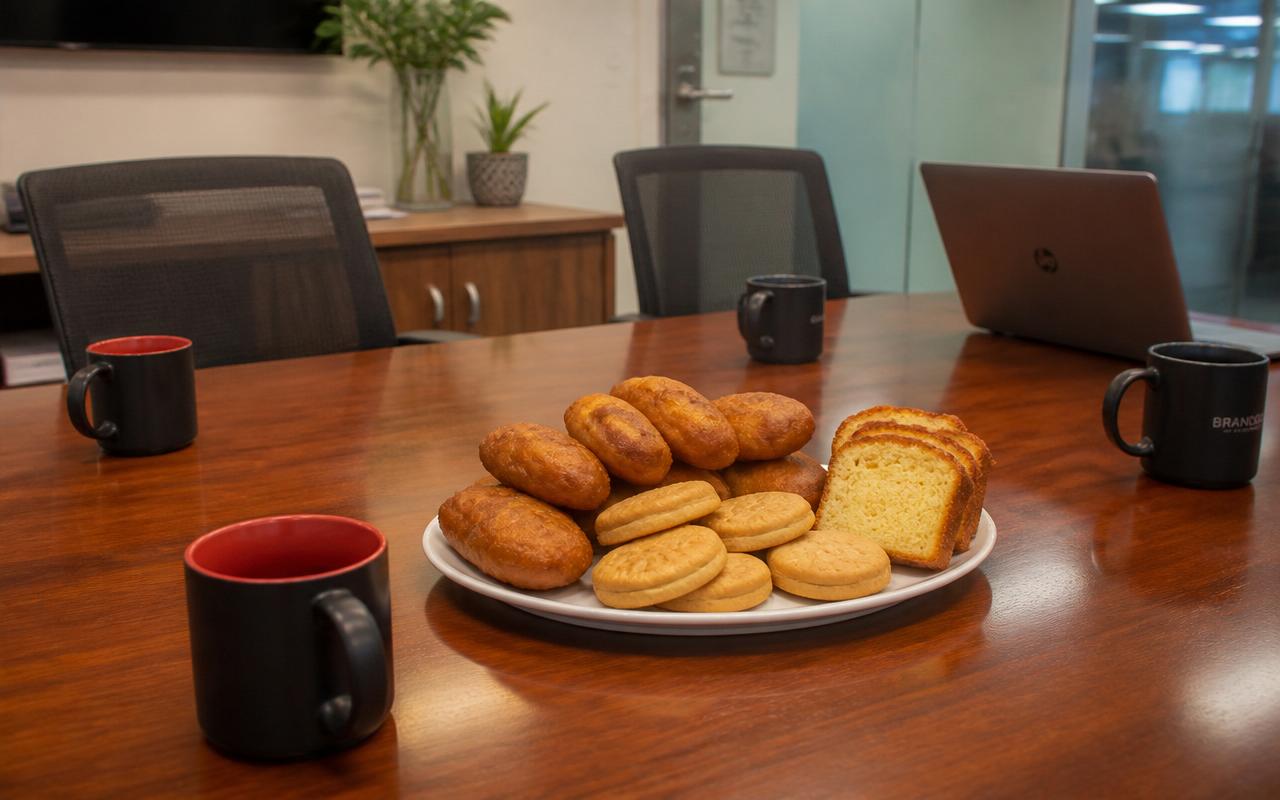 Office break room table with mandazi, biscuits and cake